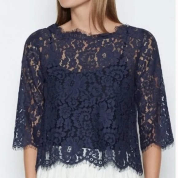 Joie Elvia Button Back Eyelash Lace Scalloped Sheer Midnight Blue Blouse Medium - Picture 1 of 5